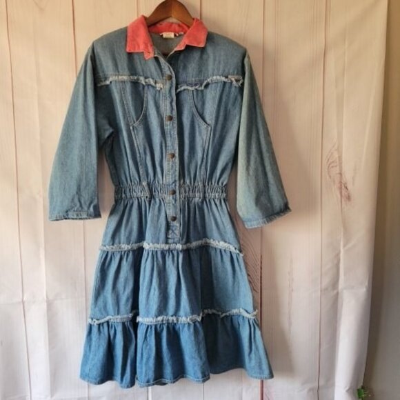 Vintage 80’s Ideas Denim Dress, Sz Large, Western Midi Dress - Picture 1 of 10